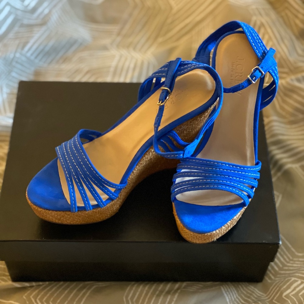J. Crew Bette Sandals Size 6 Blue Suede Strappy Platform Wedge  Made in Italy